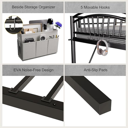 Metal Loft Bed Twin Size, Twin Loft Bed with Bedside Caddy, Convertible Ladder & Full-Length Guardrails, Space-Saving & Noise Free Design, No Box Spring Needed, Loftbed Frame for Teens Adults