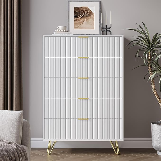 5 Drawers Dresser for Bedroom, 47" Tall Modern Chest of Drawers with Gold Handle, Fluted Wood Dresser for Bedroom, Living Room, Hallway, Entryway, White