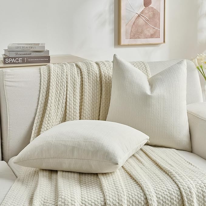 FUTEI Cream Decorative Throw Pillow Covers 18x18 Inch Set of 2,Soft Cozy Wheat Ear Striped Patterns Cushion Cases,Modern Home Decor for Couch Bed Living Room