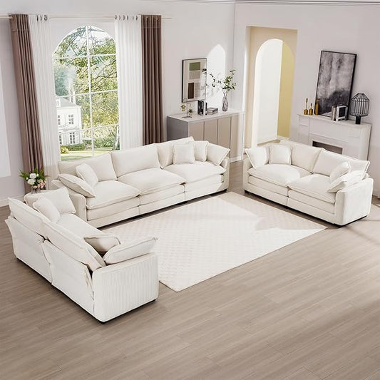 mikibama Luxury 3 Piece Sofa Set, 3-Seater & 2 Loveseat Couch Set, Modern Corduroy Comfy Cloud Couches Set for Living Room Office with 6 Armrest Pillows and 7 Toss Pillows, Beige