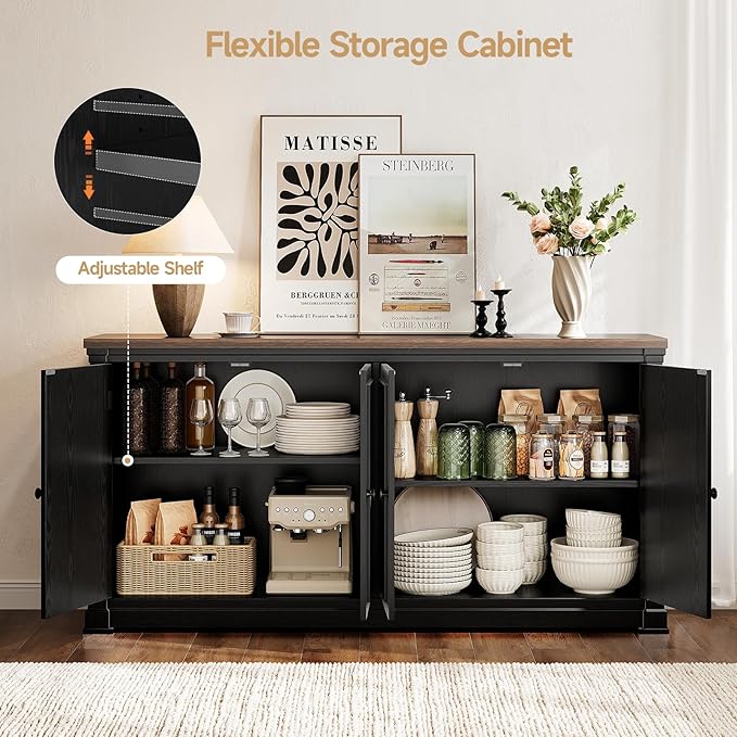 ONBRILL 63 Inches Buffet Cabinet with Storage, Large Sideboard Cabinet with 4 Barn Doors, Adjustable Shelves, Wood Coffee Bar Station for Kitchen, Living Room, Black