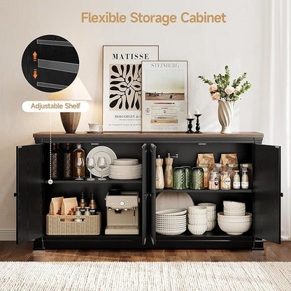 ONBRILL 63 Inches Buffet Cabinet with Storage, Large Sideboard Cabinet with 4 Barn Doors, Adjustable Shelves, Wood Coffee Bar Station for Kitchen, Living Room, Black