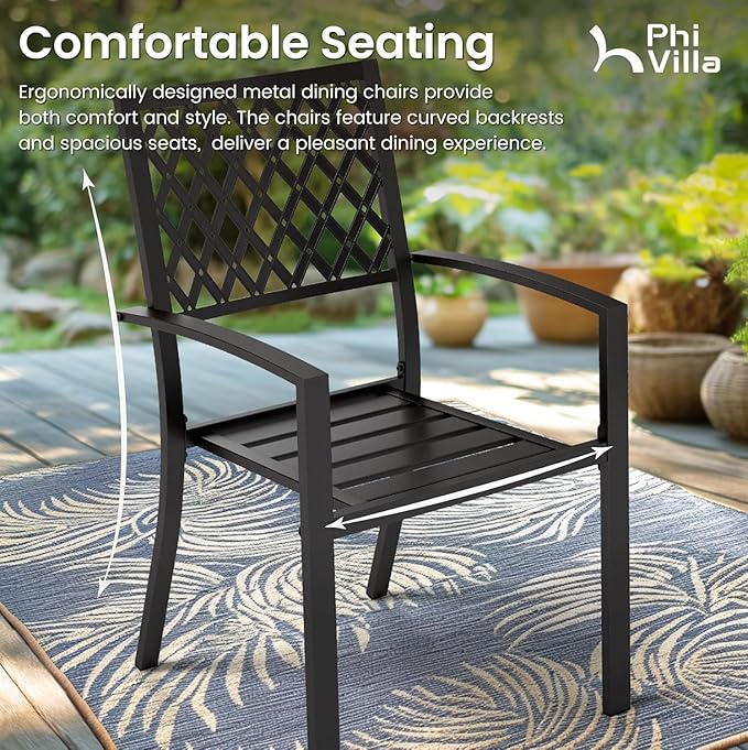 PHI VILLA Outdoor Dining Chairs Set of 2, Stackable Black Metal Wrought Iron Chairs, All Weather Dining Furniture for Patio, Deck, Proch, Backyard