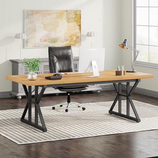 Tribesigns 70.8-Inch Executive Desk, Large Computer Office Desk Workstation, Modern Simple Style Laptop Desk Study Writing Table Business Furniture for Home Office (Light Walnut/Black, 70.8 Inch)
