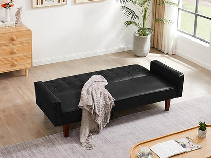 74" Loveseat Sofa with Vintage Button Tufting, Faux Leather Convertible Sleeper Futon Sofa Bed with Spring Cushion and Wood Legs for Apartments, Offices, Reception Areas, Living Rooms, Black