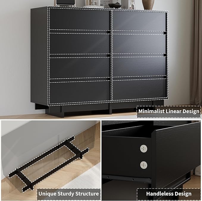 Black Dresser for Bedroom, 53.1" Wide 8 Drawer Dresser, Mid Century Modern Dressers Chest of Drawers, Wooden Large Dressers for Bedroom, Closet