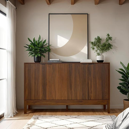 Best Choice Products 55" Modern 4-Door Sideboard Storage Cabinet, Buffet, Media Cabinet, Cupboard, Entryway Accent Table, Bookcase w/Reed Panels and Adjustable Shelves – Walnut