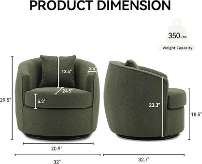 Swivel Accent Chair, Modern Upholstered Boucle Barrel Arm Chairs with Pillow for Living Room, 360 Degree Round Swivel Sherpa Armchair with Round Base for Bedroom Club (1, Green)