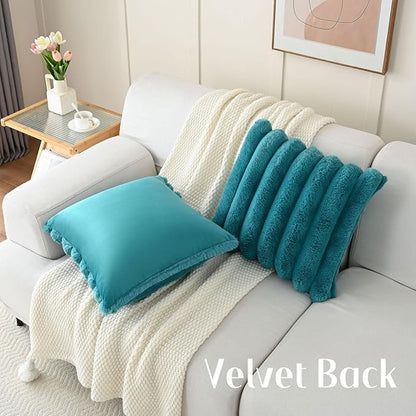 FUTEI Teal Decorative Throw Pillow Covers 16x16 Inch Set of 2, Square Soft Faux Rabbit Fur Thick Striped Cushion Cover,Winter Home Decor for Couch Bed Living Room