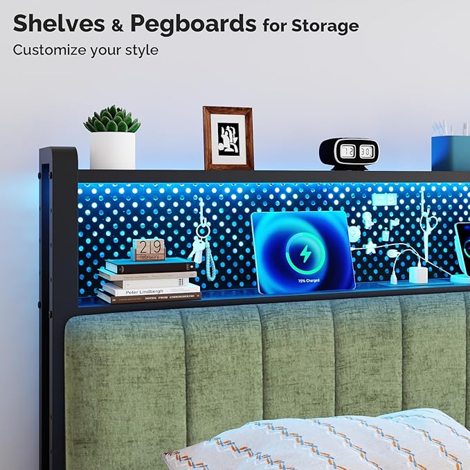 VINGLI Full Size Headboard Only, Adjustable Upholstered Headboard with 2 Tier Shelves and Pegboard with Charging Stations and LED Lights, Modern Bed Headboard with Storage for Bedroom Decor