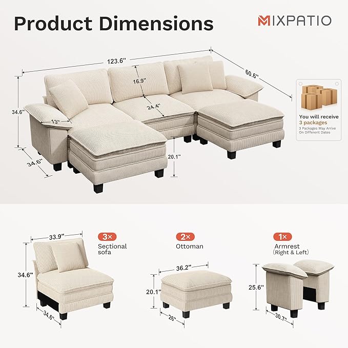 123-Inch U Shaped Sectional Sofa with Cloud Cushions, Deep Seat Modular Couch Set w/ 5 Seats & 2 Ottomans, Removable Arms, Plush Corduroy Upholstery for Living Room, Apartment - Beige
