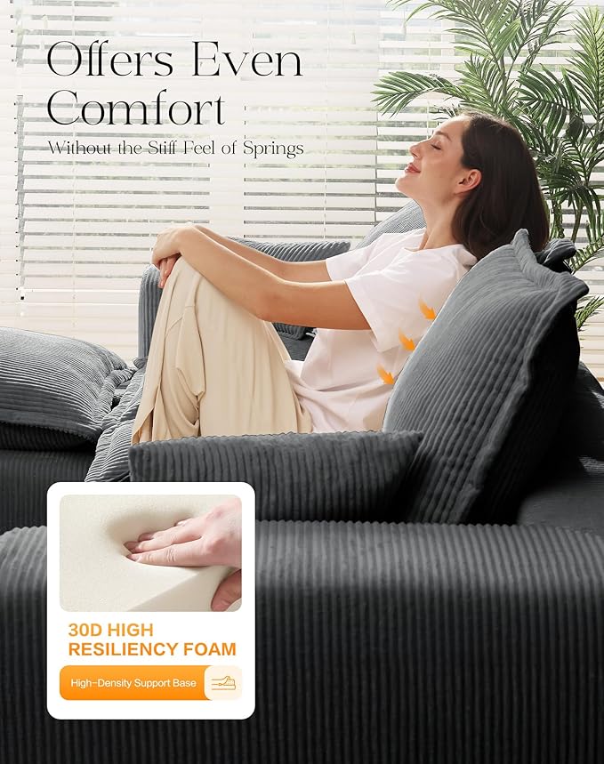 107" Comfy Cloud Couch with U-Shape Chaise & Deep Seat, Modular Sectional Sofa in a Box, Boneless Upholstered Couches for Living Room, No Assembly Required (Soft Corduroy, Gray)