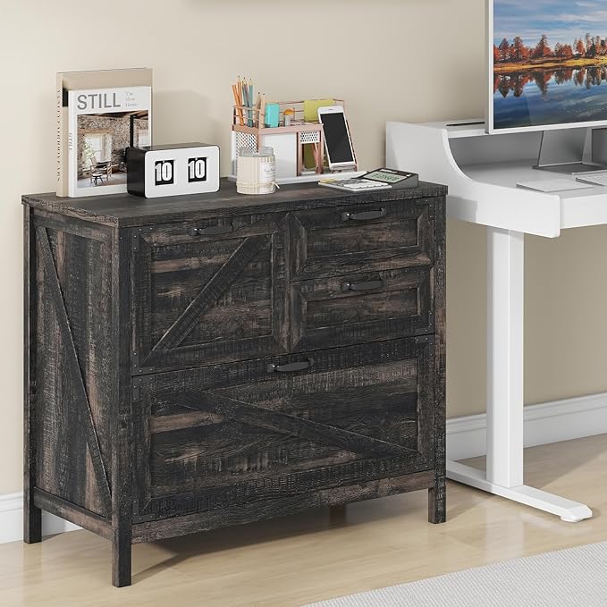 Lateral File Cabinet with 4 Drawers Farmhouse File Cabinet for Letter/Legal/A4 Size Hanging Files, Large Wood File Storage Cabinets Printer Stand for Home Office Cabinet, Dark Rustic Oak