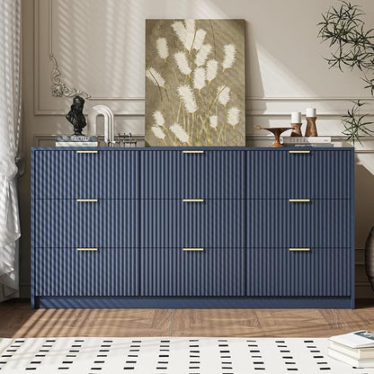 3-Piece Dresser Bedroom Set, 9 Drawer Dresser & 3 Drawer Nightstands with Gold Handles, Fluted Wood Chest of Drawers for Bedroom, Living Room, Entryway, Navy Blue