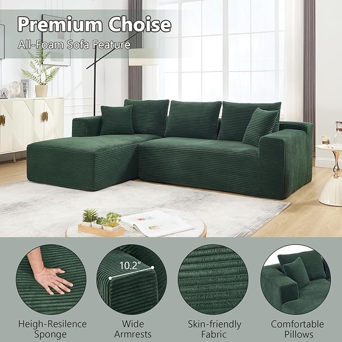 PELUMY 108.7" L-Shaped Modular Sectional Sofa with Oversized Chaise, Cloud Couch with Memory Foam, No Assembly Required Sleeper Sofa for Small Space Living Room, Apartment (Green, Corduroy)