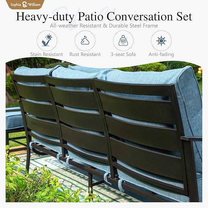 Sophia & William Patio Furniture Sets for 7 Outdoor Conversation Set 6 Pcs with 4 x Armrest Cushioned Sofa Chairs, 1 x 3-Seat Sofa, 1 Marbling Metal Coffee Table Garden Backyard Poolside Navy