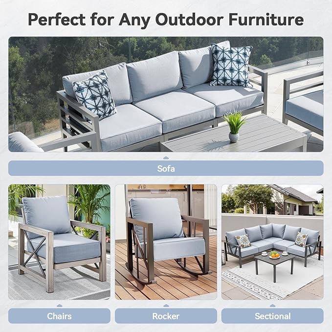 Luxury 6" Outdoor Cushions for Patio Furniture, 24x24x6" Thick Seat Cushion Set of 7, Fade Resistant Couch Chair Replacement Cushions High Density Wicker Chair Cushion w/ Removable Cover Baby Blue
