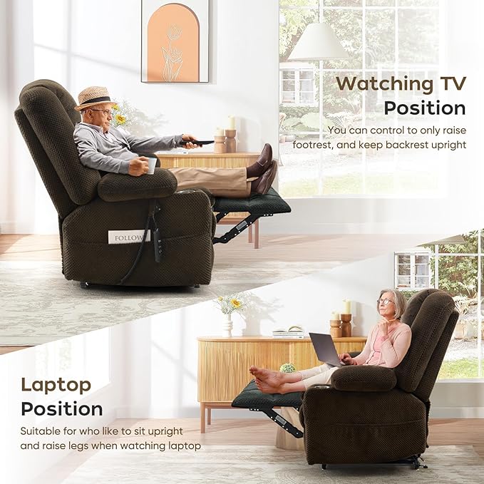 ABCASA Oversized Dual Motor Lay Flat Power Lift Recliner Chair, Massage Recliner with Heat for Living Room, Lumbar Pillow, USB & Type-C Ports, Oversized Recliner for Elderly & Big People - Brown