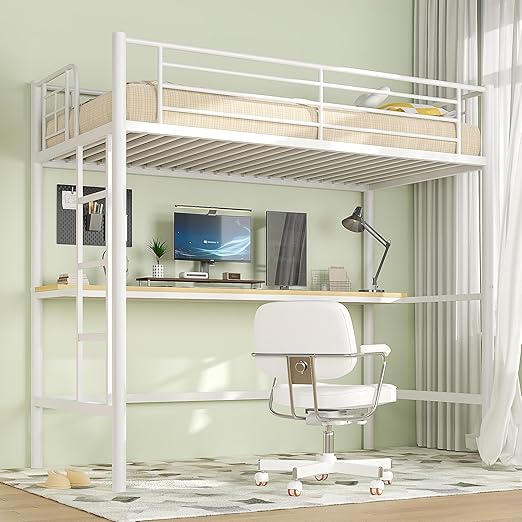 VECELO Metal Loft Bed Twin Size with Desk, Heavy Duty Bedframe with Removable Ladder and Safety Guardrail, Space-Saving, Noise Free, No Box Spring Needed, Off White