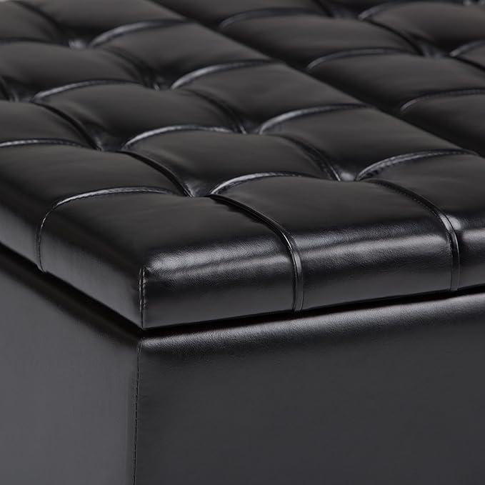 SIMPLIHOME Harrison 36 inch Wide Transitional Square Coffee Table Storage Ottoman in Midnight Black Vegan Faux Leather, Assembled, For the Living Room and Bedroom