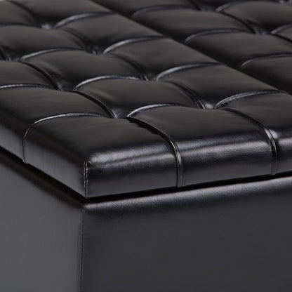 SIMPLIHOME Harrison 36 inch Wide Transitional Square Coffee Table Storage Ottoman in Midnight Black Vegan Faux Leather, Assembled, For the Living Room and Bedroom