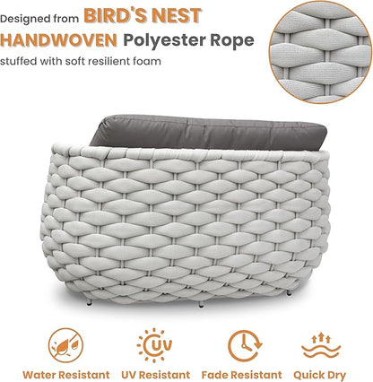 Patio Loveseat with Table: Aluminum Hand Woven Rope 2 Pieces Patio Furniture Set - Cushioned Outdoor Seating Set - Modern Couch Assembled - Metal Lounge Set for Porch Balcony Deck Garden Hotel