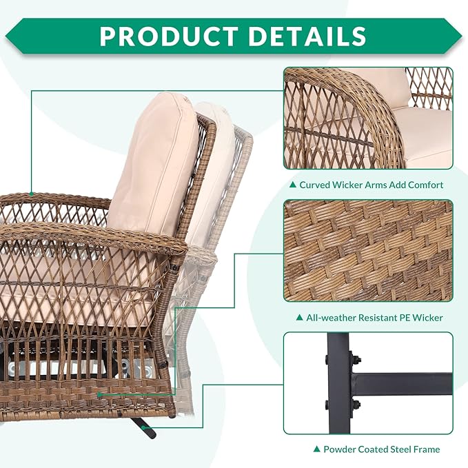 VIVIJASON 4-Piece Outdoor Patio Wicker Conversation Sets, All Weather Outdoor Rattan Furniture Set Includes Glider Loveseat, Coffee Table, 2 Glider Rocker Chairs with Cushions for Lawn Garden Balcony