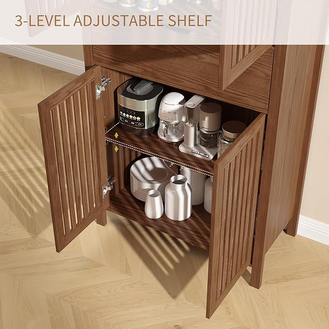 69" Tall Farmhouse Storage Cabinet with Drawer & Adjustable Shelves, Grille Door Organizer Unit, Anti-Tip Design for Bathroom, Kitchen, Living Room, Rustic Brown