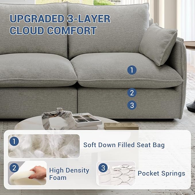124" Cloud Modular Sectional Sofa, Waterproof Down Filled Sectional Couch, High Backrest L Shaped 4 Seater Couch with Ottoman, Modern Modular Sofas with Removable Cover, Light Gray
