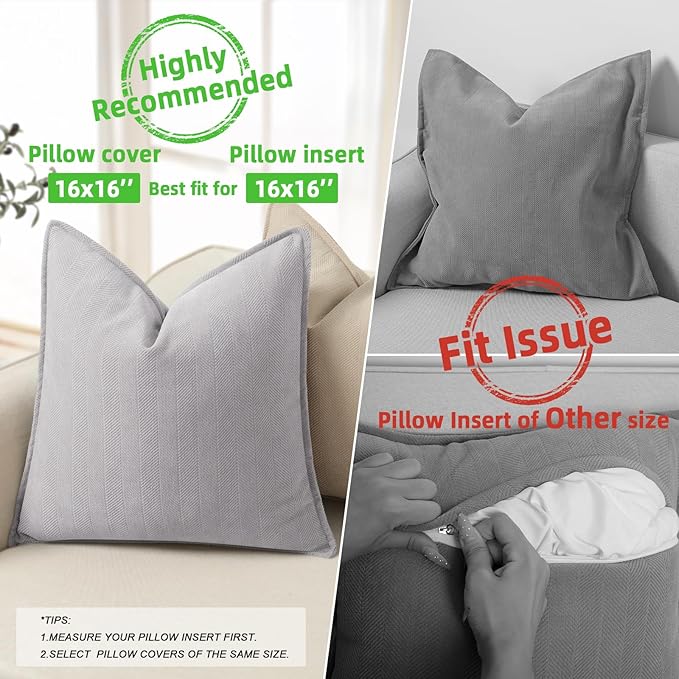 ZWJD Light Gray Pillow Covers 16x16 Set of 2 Chenille Throw Pillow Covers with Elegant Design Soft and Luxurious Decorative Throw Pillows for Couch, Bed, and Home Decor