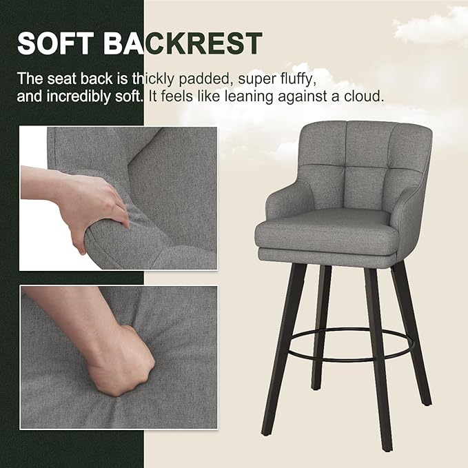 360°Swivel Counter Height Bar Stools with Back, 30 inch Solid Wood Legs, Bar Stool Modern Kitchen Island Chairs, Fabric (Mid-Grey- Fabric, 30" H- Set of 2)