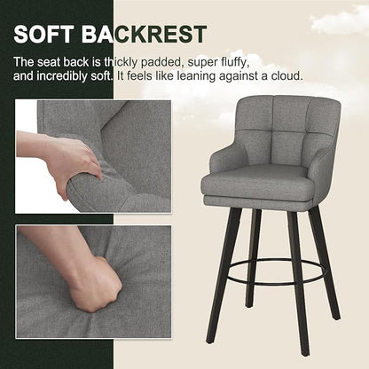 360°Swivel Counter Height Bar Stools with Back, 30 inch Solid Wood Legs, Bar Stool Modern Kitchen Island Chairs, Fabric (Mid-Grey- Fabric, 30" H- Set of 3)
