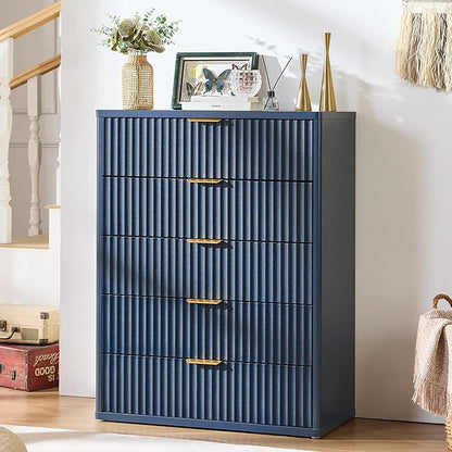 LEYAOYAO Fluted 5 Drawers Dresser for Bedroom Set of 2, 41" Tall Modern Chest of Drawers with Metal Handle, Curved Profile Design,Blue Wood Drawer Organizer for Bedroom, Living Room, Hallway