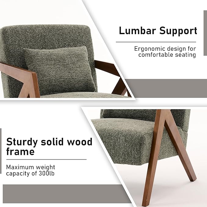 Mid-Century Modern Accent Chair with Solid Wood Frame，Upholstered Chenille Living Room Arm Chairs with Pillow for Bedroom, Living Room, Balcony, Reading Room, Green