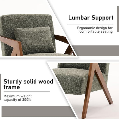 Mid-Century Modern Accent Chair with Solid Wood Frame，Upholstered Chenille Living Room Arm Chairs with Pillow for Bedroom, Living Room, Balcony, Reading Room, Green