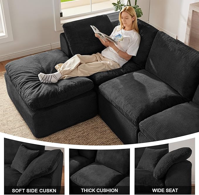 143" Cloud Sectional Couch, Boneless couches for Living Room, 7 Seater Large Modular Sectional Sofa with Deep Seat, Comfy Soft Cushions, No Assembly, Black