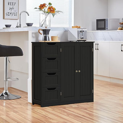 Yaheetech Wooden Bathroom Floor Cabinet, Side Storage Organizer Cabinet with 4 Drawers & Double Doors, Freestanding Entryway Storage Unit Console Table, Bathroom Furniture Home Decor, Black