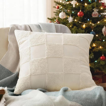 Double Stitch Checkered Throw Pillow Covers - 100% Cotton Tufted Boho Decorative Pillow Covers 20x20, Made in India, Square Plaid Cushion Case, Modern Home Decor for Couch, Sofa, Living Room, Cream