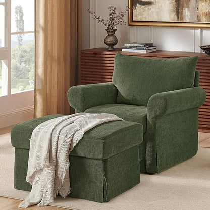 Modern Accent Chairs with Ottoman Set, Comfy Chenille Reading Armchair with Rolled Arms and Cushion Backrest, 35.8" W Chaise Lounge Chair for Living Room, Bedroom, Study, Apartment, Green