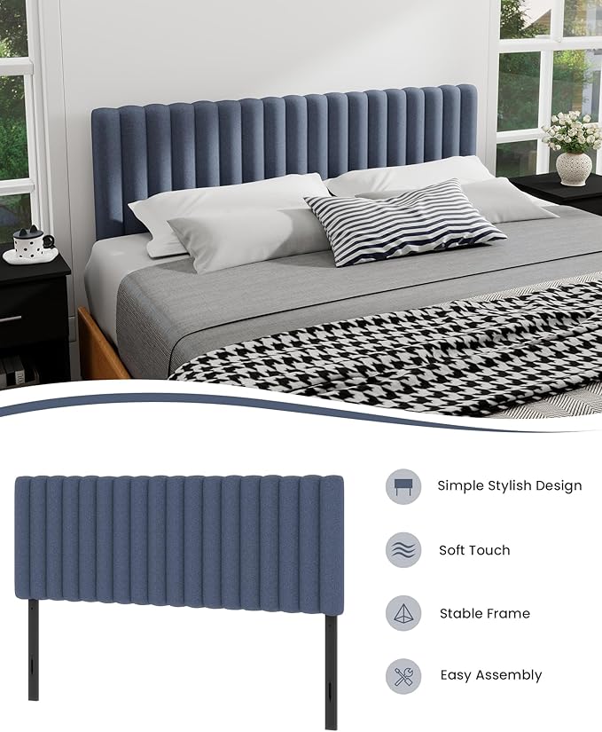 Queen Size Upholstered Headboard Only, Channel Tufted Headboard with Adjustable Height, Easy Assembly, Navy Blue