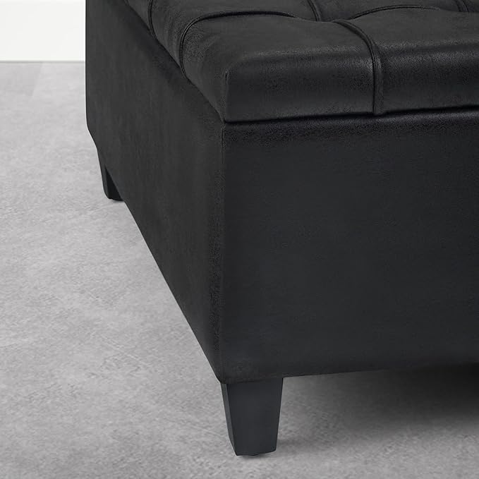 SIMPLIHOME Harrison Coffee Table Storage Ottoman - 36 inch Wide Upholstered Vegan Leather Square Ottoman in Distressed Graphite Black, Transitional Ottoman for Living Room with Split Lift-Up Lid