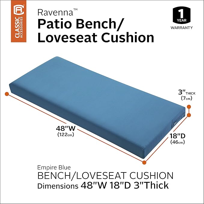 Classic Accessories Ravenna Water-Resistant 48 x 18 x 3 Inch Outdoor Bench/Settee Cushion, Patio Furniture Swing Cushion, Empire Blue, Patio Loveseat Cushion