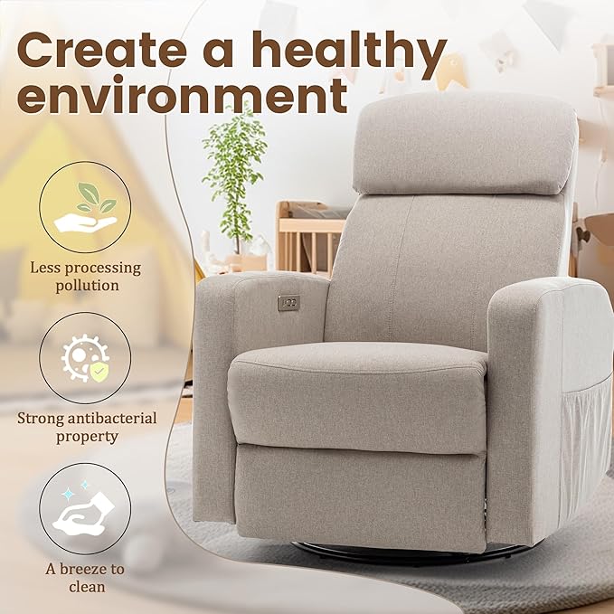 Power Swivel Recliner Chairs for Adults, Electric Glider Rocking Chair Nursery, Glider Recliner Nursery Chair with Classified Side Pocket, Nursery Rocking Chairs with USB and Type-C Ports