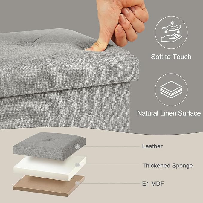 VECELO Storage Ottoman, 11.8'' Folding Footstools, Multipurpose Foot Rest Stool, Foldable Linen Fabric Ottomans, Small Square Ottoman Cube for Living Room/Bed Room/Dorm, Grey