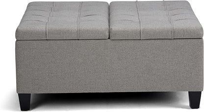 SIMPLIHOME Harrison 36 inch Wide Transitional Square Coffee Table Storage Ottoman in Dove Grey Linen Look Fabric, Assembled, for the Living Room and Bedroom