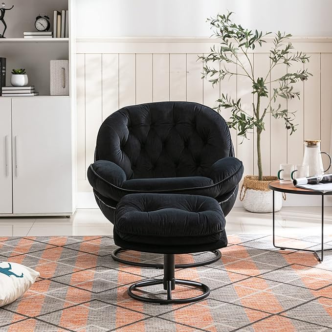 360° Swivel Modern Velvet Accent Chair with Ottoman | Mid-Century Button Tufted Lounge Chair for Living Room & Bedroom, Black