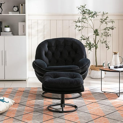 360° Swivel Modern Velvet Accent Chair with Ottoman | Mid-Century Button Tufted Lounge Chair for Living Room & Bedroom, Black