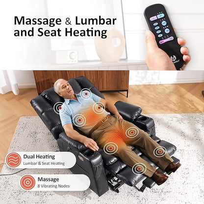 MCombo Large Triple Motor Power Lift Recliner Chair with Massage and Dual Heating, Adjustable Headrest for Tall Elderly People, Faux Leather 7634 (Black, Large)