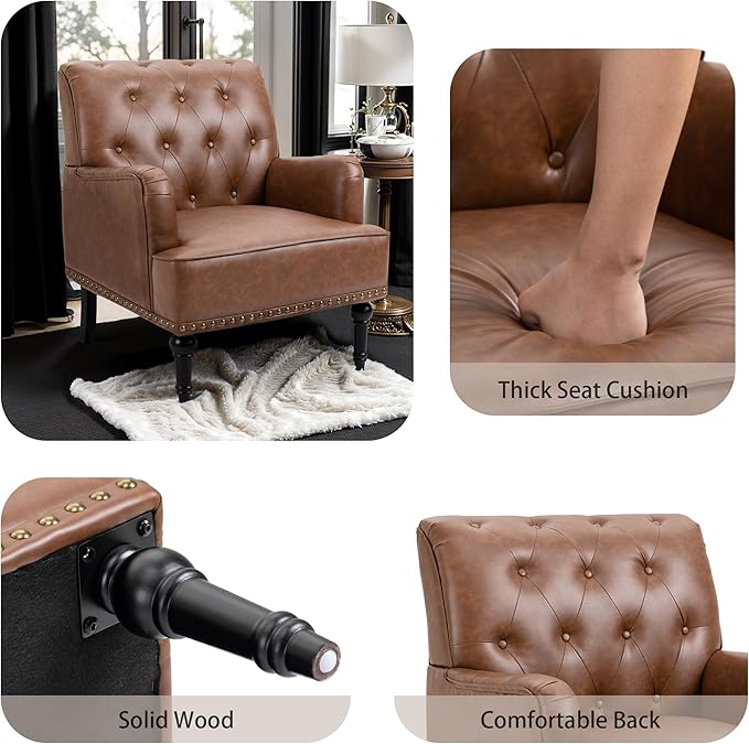 MOJAY Faux Leather Accent Chair Set of 2, Mid-Century Modern Living Room Chair Lounge Study Sofa Chair with Sturdy Wood Legs, Club Chair Armchair for Bedroom Home Study Reception (Brown)