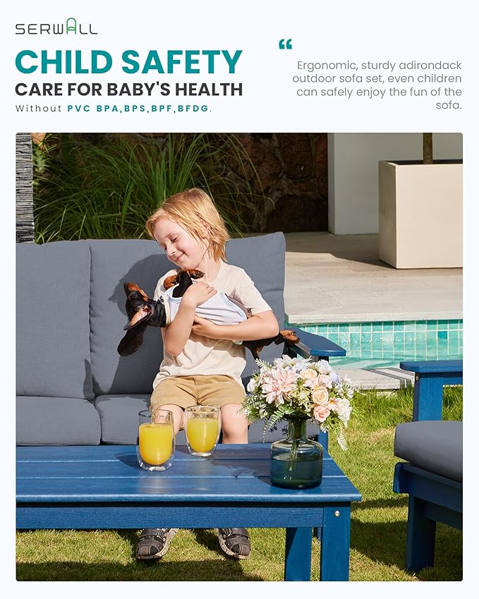 SERWALL HDPE Outdoor Couch, Blue Frame and Grey Cushion